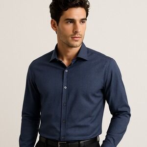 Tahari Shirt Mens L Blue Geometric Regular Fit Stretch Preppy Office Formal NEW‎